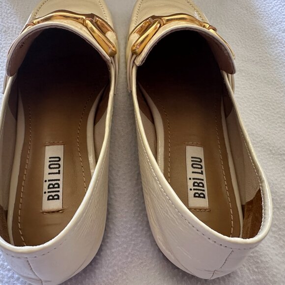 Anthropologie Bibi Lou Zagreb Patent Leather Gold Horsebit Loafers Cream 37 - Picture 5 of 14